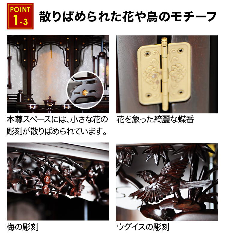 散りばめられた花や鳥のモチーフ