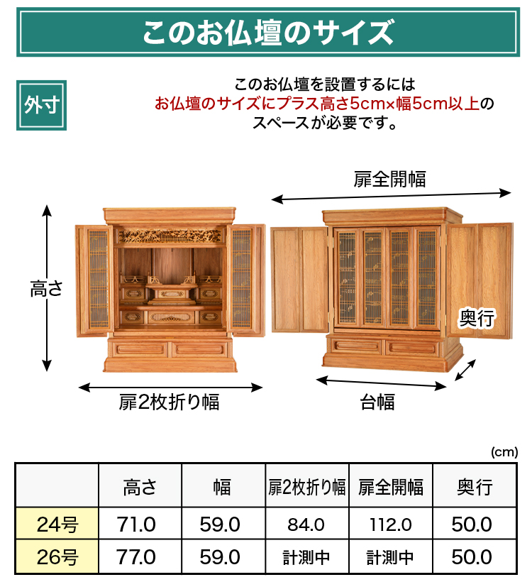 お仏壇のサイズ：24号 高さ71×幅59×奥行50cm〜
