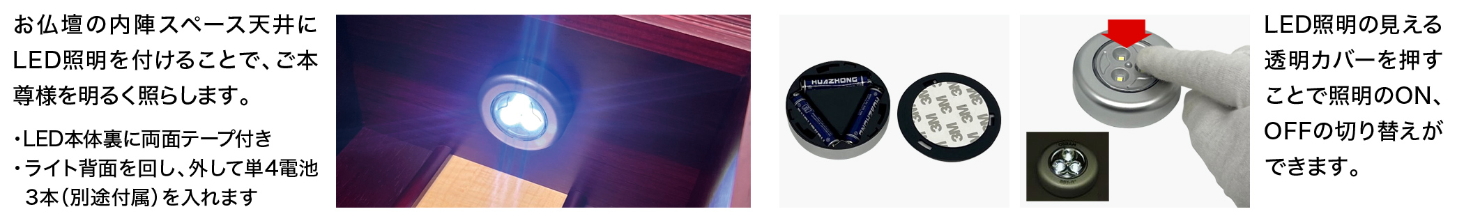 仏壇内を明るく照らすLED照明の設置イメージ