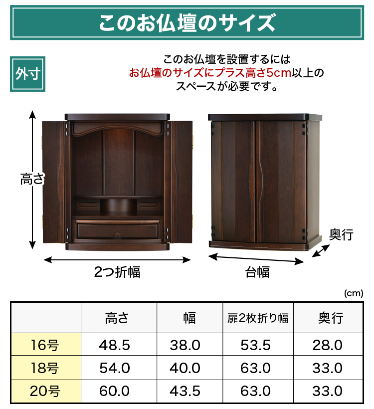 お仏壇のサイズ：16号 高さ48.5×幅38×奥行28cm〜