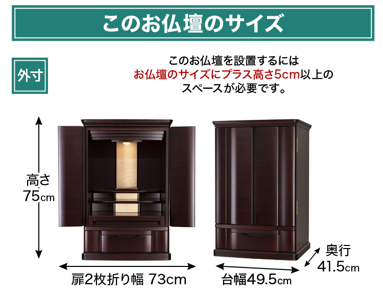 お仏壇のサイズ：25号 高さ75×幅49.5×奥行41.5cm