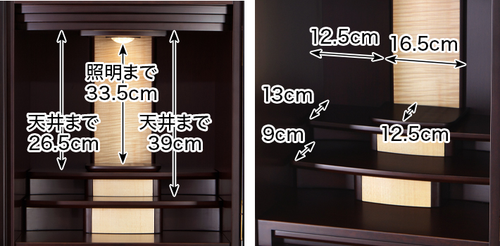 内寸 このお仏壇の本尊設置推奨スペースは高さ26.5cm×幅16.5cm×奥行12.5cm