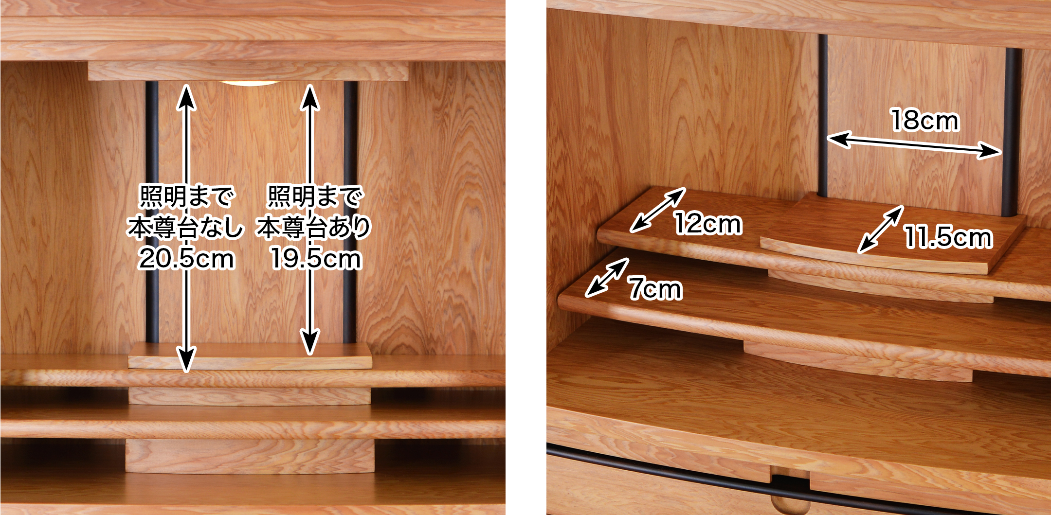 内陣 このお仏壇の本尊設置推奨スペースは高さ19.5cm×幅18cm×奥行11.5cm