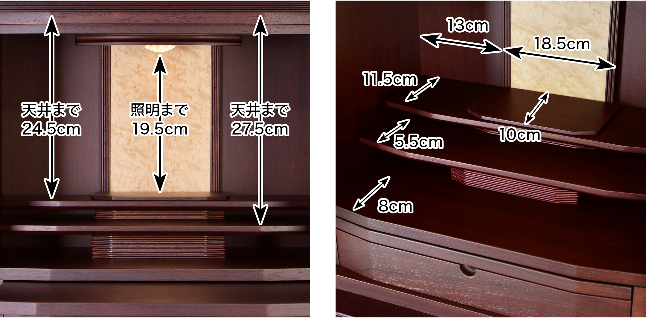 内寸 このお仏壇の本尊設置推奨スペースは高さ19.5cm×幅18.5cm×奥行10cm