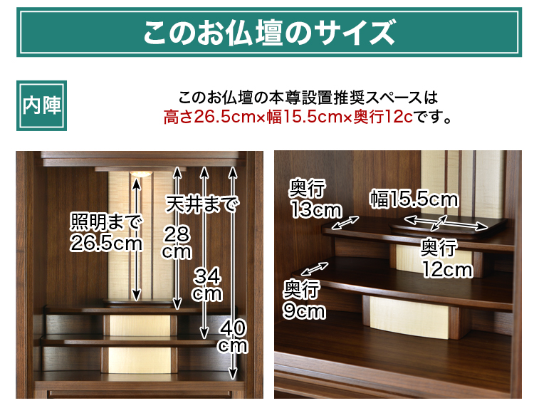 このお仏壇の本尊設置推奨スペースは高さ26.5cm×幅15.5cm×奥行12cm