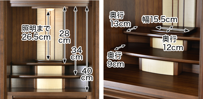 内寸 このお仏壇の本尊設置推奨スペースは高さ26.5cm×幅15.5cm×奥行12cm