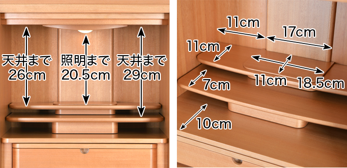 内寸 このお仏壇の本尊設置推奨スペースは高さ20.5cm×幅18.5cm×奥行11cm