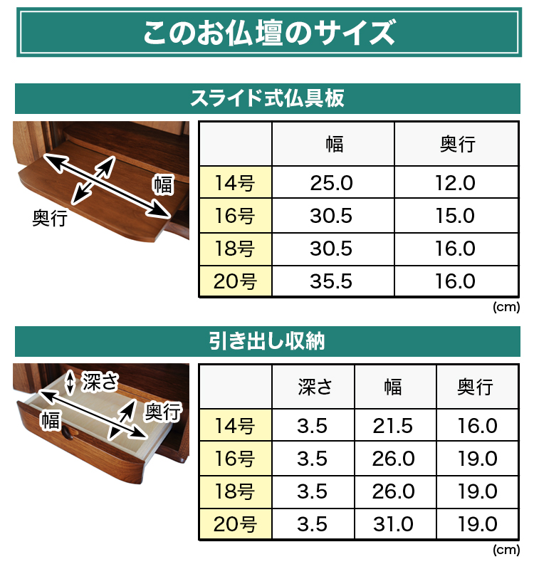スライド式仏具板と引き出し収納のサイズ