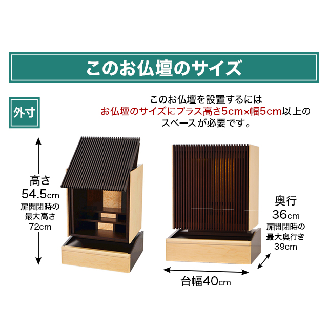 お仏壇のサイズ：18号 高さ54.5×幅40×奥行36cm