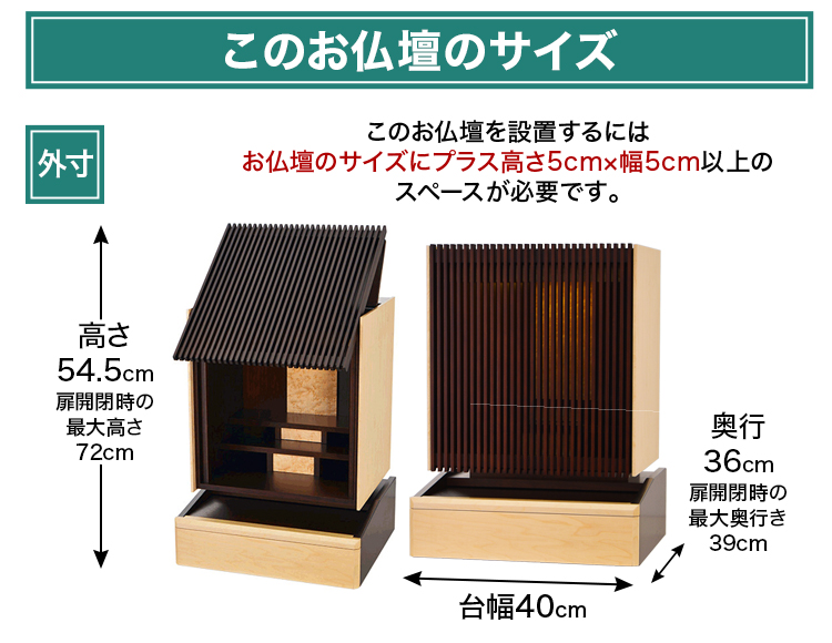 お仏壇のサイズ：18号 高さ54.5×幅40×奥行36cm