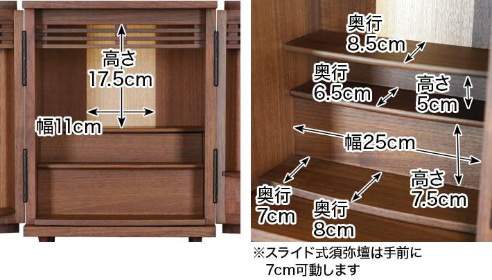 内寸 このお仏壇の本尊設置推奨スペースは高さ17.5cm×幅11cm×奥行8.5cm