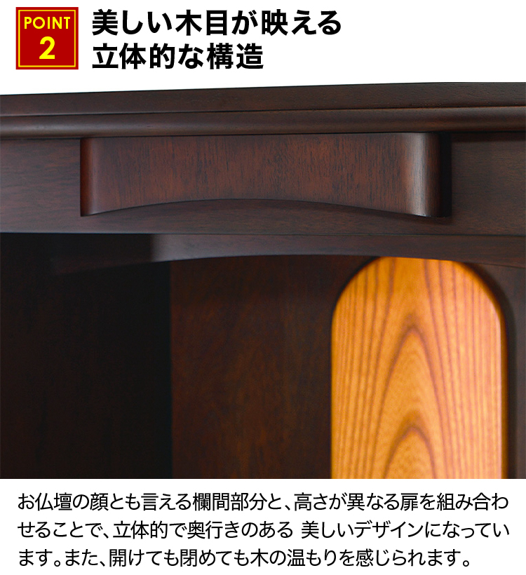 高さの違う扉デザインや丸みを帯びた明るい背板