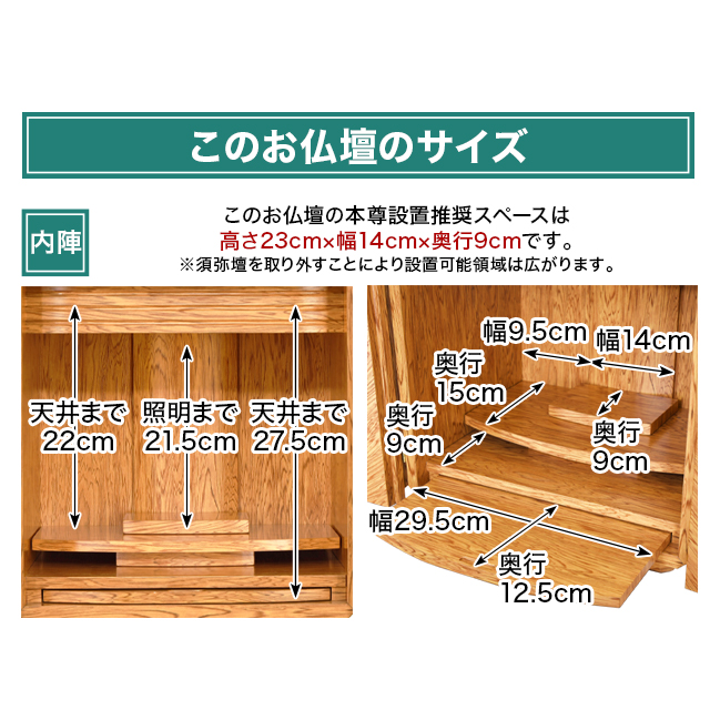 このお仏壇の本尊設置推奨スペースは高さ23cm×幅14cm×奥行9cm