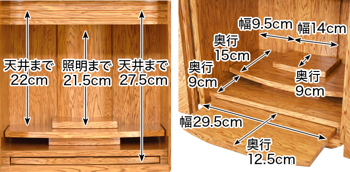 内寸 このお仏壇の本尊設置推奨スペースは高さ23cm×幅14cm×奥行9cm