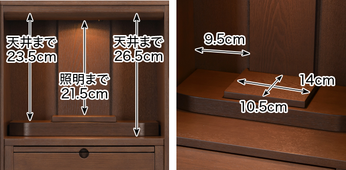 このお仏壇の本尊設置推奨スペースは高さ21.5cm×幅14cm×奥行10.5cm