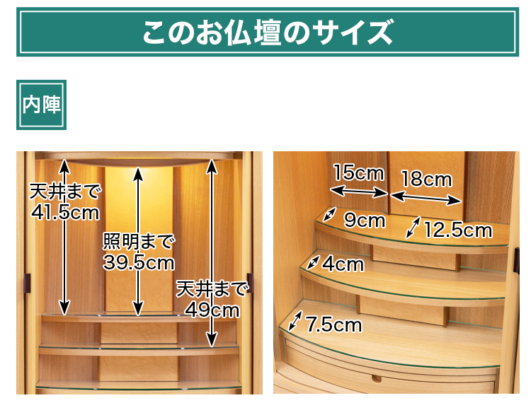 このお仏壇の本尊設置推奨スペースは高さ39.5cm×幅18cm×奥行12.5cm