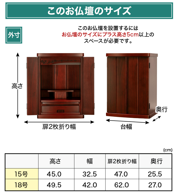 お仏壇のサイズ：15号 高さ45×幅32.5×奥行25.5cm