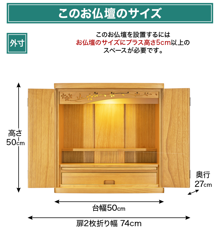 お仏壇のサイズ：18号 高さ50×幅50×奥行27cm