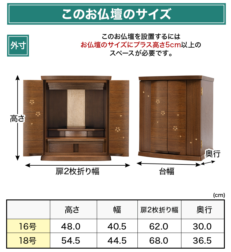 お仏壇のサイズ：16号 高さ約48×幅約40.5×奥行約30cm