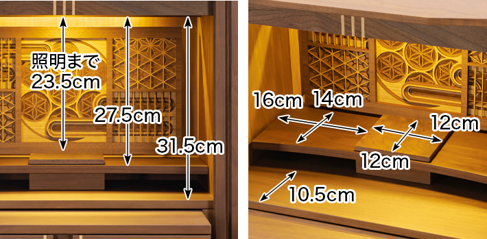 内寸 このお仏壇の本尊設置推奨スペースは高さ23.5cm×幅12cm×奥行12cm