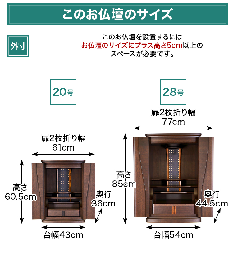 お仏壇のサイズ：《20号》高さ約60.5×幅約43.0×奥行約36cm 《28号》高さ約85.0×幅約54.0×奥行約44.5cm