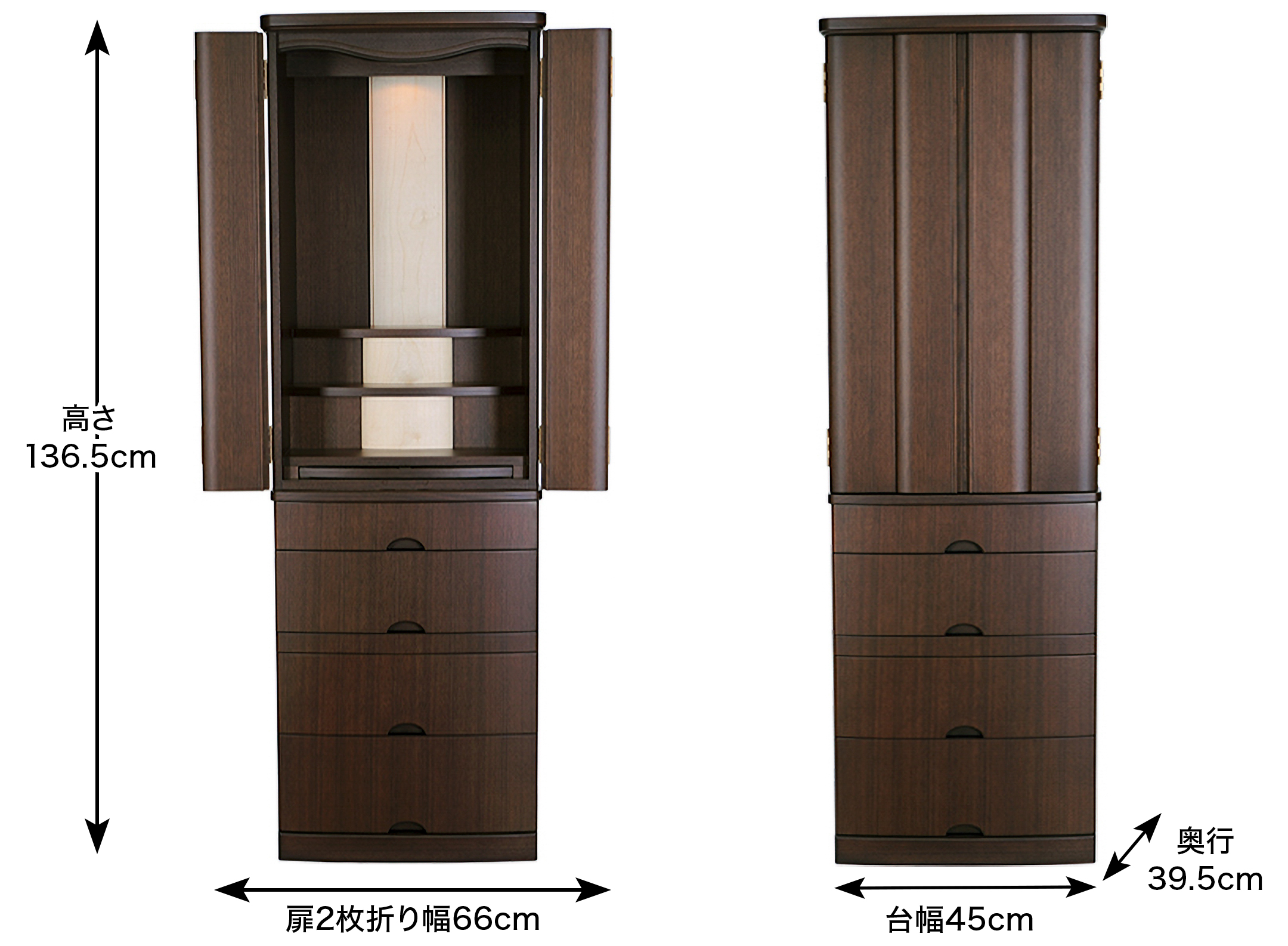 外寸全体図：15×46号 高さ136.5cm 幅45cm 奥行39.5cmの仏壇サイズ