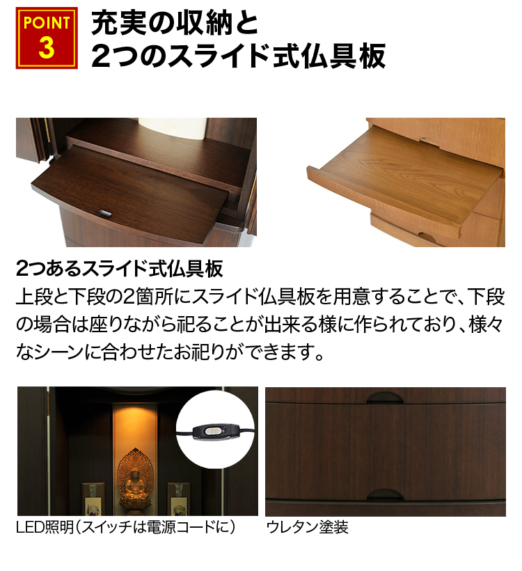 2つのスライド式仏具板やLED照明を完備