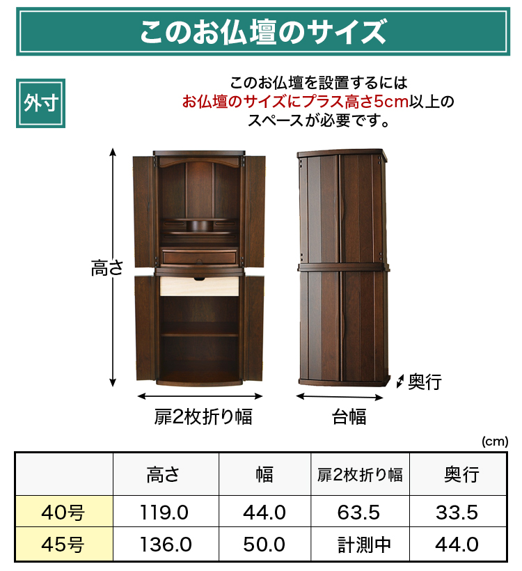 お仏壇のサイズ：40号 高119cm×台幅44cm×奥行33.5cm