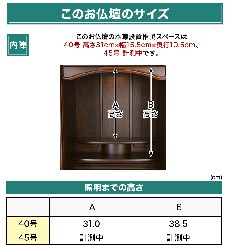 このお仏壇の本尊設置推奨スペースは40号 高さ35cm×幅15cm×奥行13cm