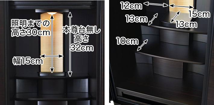 内寸 このお仏壇の本尊設置推奨スペースは高さ30cm×幅15cm×奥行13cm