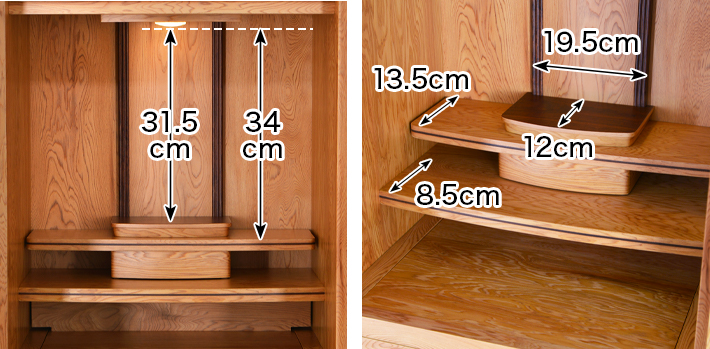 内寸 このお仏壇の本尊設置推奨スペースは高さ31.5cm×幅19.5cm×奥行12cm