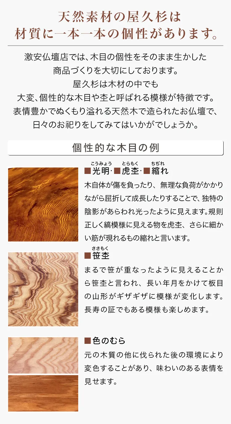天然素材の屋久杉は材質に一本一本の個性があります。激安仏壇店では、木目の個性をそのまま生かした商品づくりを大切にしております。木材の中でも大変、個性的な木目や杢と呼ばれる模様が特徴です。表情豊かでぬくもり溢れる天然木で造られたお仏壇で、日々のお祀りをしてみてはいかがでしょうか。