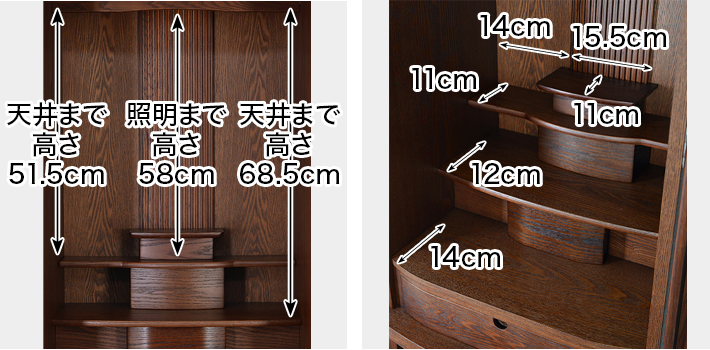 このお仏壇の本尊設置推奨スペースは18×50号 高さ51.5cm×幅20cm×奥行11cm