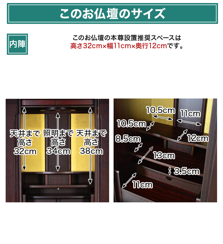 このお仏壇の本尊設置推奨スペースは高さ32cm×幅11cm×奥行12cm
