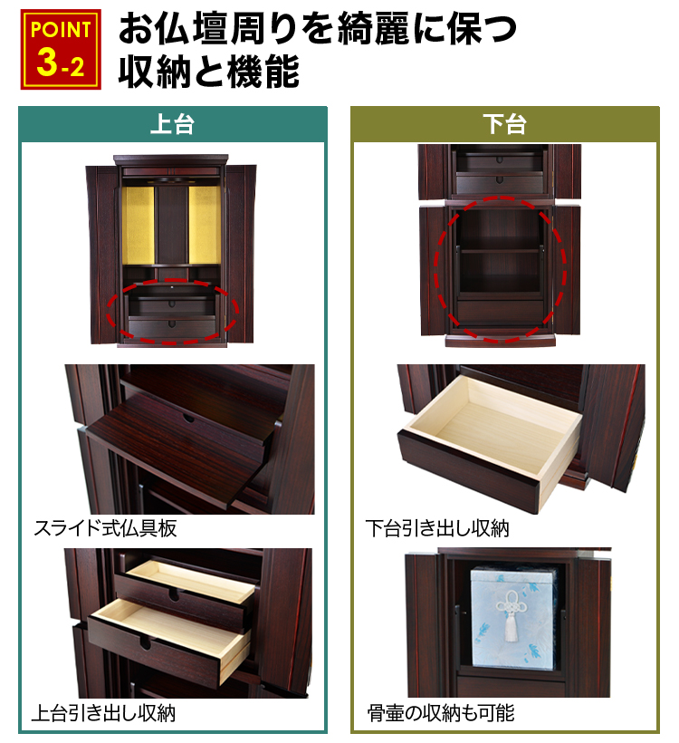 スライド式仏具板や引き出し収納など完備