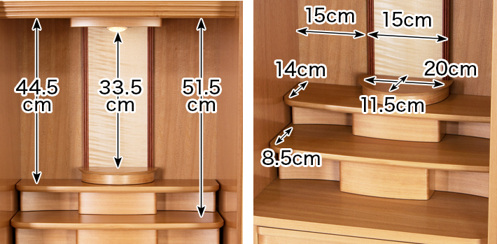 内寸 このお仏壇の本尊設置推奨スペースは高さ33.5cm×幅15cm×奥行11.5cm