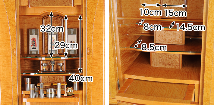 内寸 このお仏壇の本尊設置推奨スペースは高さ32cm×幅15cm×奥行14.5cm