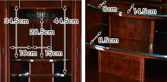 内寸 このお仏壇の本尊設置推奨スペースは高さ28.5cm×幅15cm×奥行14.5cm