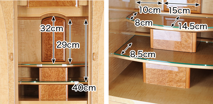 内寸 このお仏壇の本尊設置推奨スペースは高さ32cm×幅15cm×奥行14.5cm