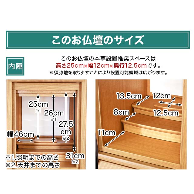 本尊設置推奨スペースは高さ25cm×幅12cm×奥行12.5cmの床置きモダン仏壇 ミュラー内部写真