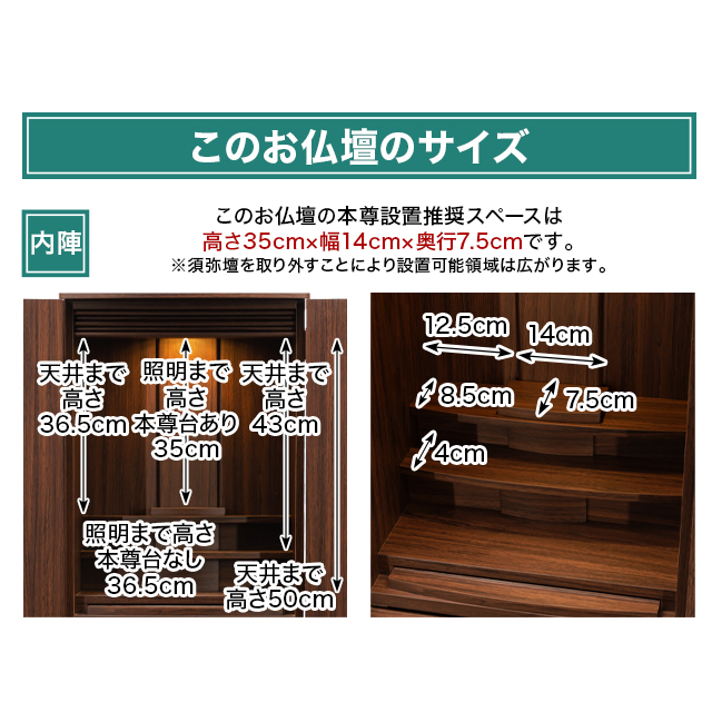 このお仏壇の本尊設置推奨スペースは高さ35cm×幅14cm×奥行7.5cm