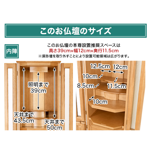 このお仏壇の本尊設置推奨スペースは高さ39cm×幅12cm×奥行11.5cm