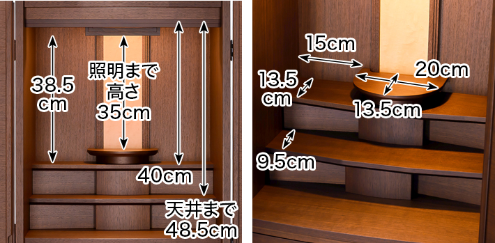 内寸 このお仏壇の本尊設置推奨スペースは高さ35cm×幅20cm×奥行き13.5cm高さ35cm×幅20cm×奥行き13.5cm