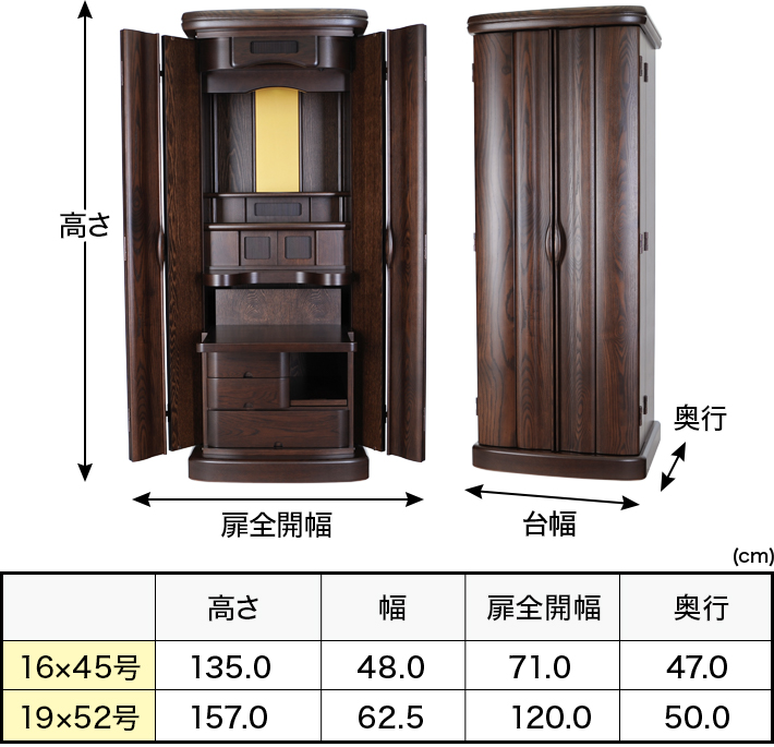 外寸 お仏壇のサイズ：《16×45号》高さ135×幅48×奥行47cm《19×52号》高さ157×幅62.5×奥行50cm
